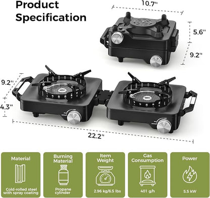 MoKo Propane Camping Stove 2 Burner, 36,000 BTU Infrared & Open Flame Hybrid, Windproof Folding Portable Outdoor Gas Cooking Kit with Frying Pan & Carry Bag For RV, Tailgating, Survival, Black
