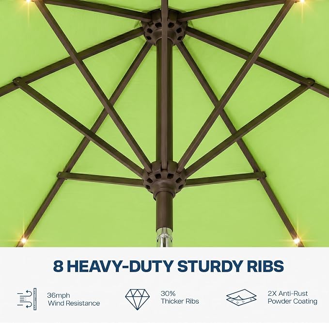 10FT Solar Patio Umbrella with Lights, Outdoor Table Market Umbrella with 32 LED Lights, 8 Sturdy Ribs, Push Button Tilt and Crank for Pool, Deck and Garden, UV-Resistant