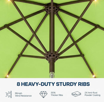 10FT Solar Patio Umbrella with Lights, Outdoor Table Market Umbrella with 32 LED Lights, 8 Sturdy Ribs, Push Button Tilt and Crank for Pool, Deck and Garden, UV-Resistant