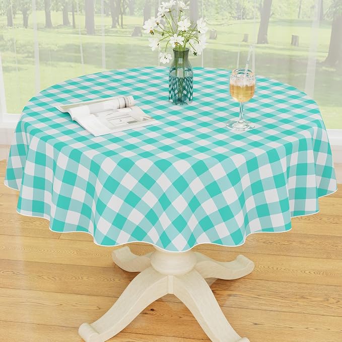 Smiry Picnic Table Cloth, Vinyl Tablecloths with Flannel Backing, 60" Round | Waterproof Picnic Table Cloth, Wipeable Buffalo Plaid Table Cover for Indoor and Outdoor (Teal & White)