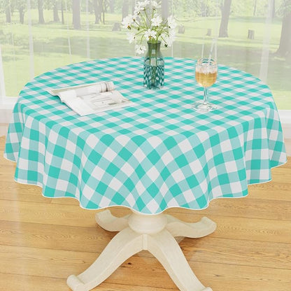 Smiry Picnic Table Cloth, Vinyl Tablecloths with Flannel Backing, 60" Round | Waterproof Picnic Table Cloth, Wipeable Buffalo Plaid Table Cover for Indoor and Outdoor (Teal & White)
