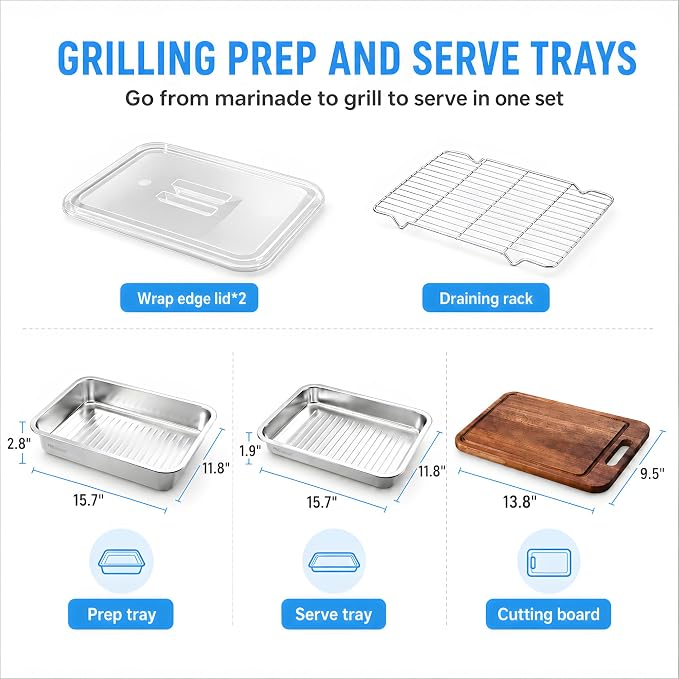 Grilling Prep and Serve Trays with Spill-Reducing Lids, 304 Stainless Steel BBQ Grill Carry System with Drain Board & Acacia Cutting Board