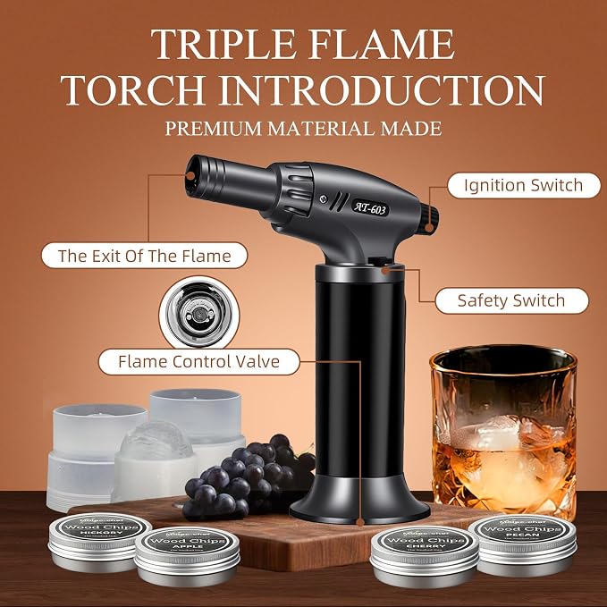 Enhanced Whiskey Smoker Kit with Torch – Old Fashioned Cocktail Smoker Infuser Set, 6 Wood Chip Flavors with Glasses & Ice Ball Molds – Gifts for Men, White Elephant & Stocking Stuffers (No Butane)