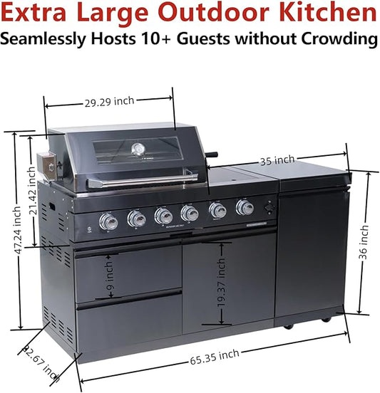 65.35in Modular Outdoor Kitchen Bar, 4 Burner 72000 BTU Deluxe Stainless Steel Gas Barbecue Island Kitchen for Backyard Cooking w BBQ Grill, Refrigerator, Rotisserie Kit, Countertops, Cabinets