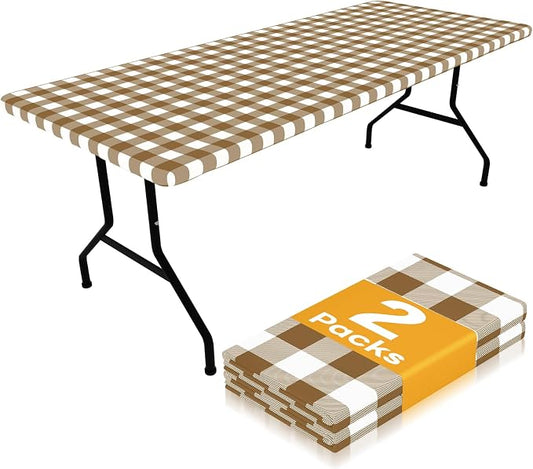 Smiry Picnic Table Cloth 2 Pack, Waterproof Elastic Fitted Tablecloths for 6FT Rectangle Tables, Washable Polyester Buffalo Plaid Tablecloth for Camping, Dining & Outdoor (Brown & White, 30" x 72")