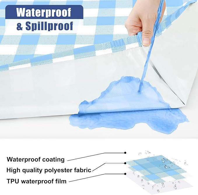 Smiry Picnic Table Cover with Bench Covers, Waterproof Elastic Fitted Tablecloths for 6 Foot Rectangle Tables, Washable Buffalo Plaid Tablecloth for Camping, Outdoor (Light Blue & White, 30"x72")