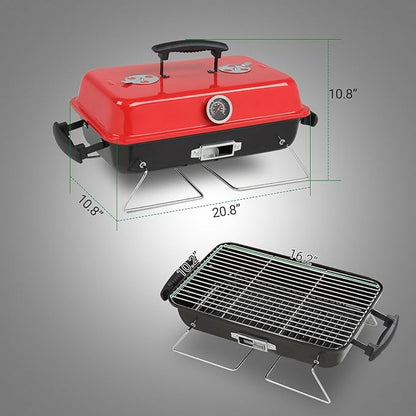 Small Charcoal Grill Portable Barbecue Grills with Thermometer, Compact Iron BBQ Grill for Garden Party Picnic Hiking Travel Backyard Cooking, Easy to Assemble, Asadores de Carbon, Black and Red