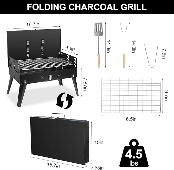 TeqHome Portable Charcoal Grill, Small Foldable Barbecue BBQ Grill Charcoal for Outdoor Picnic, Backyard, Patio and Parties, 16.7"×10"×17.7"