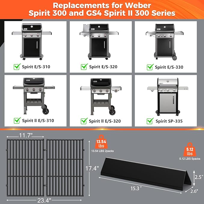 Spirit E310 Grill Parts for Weber Spirit, 17.5" Grill Grates 15.3" Flavorizer Bars for Weber Spirit 300 & GS4 Spirit II 300, Spirit E-310 E-315 Grills with Front Control Knobs for Weber 7638 7636