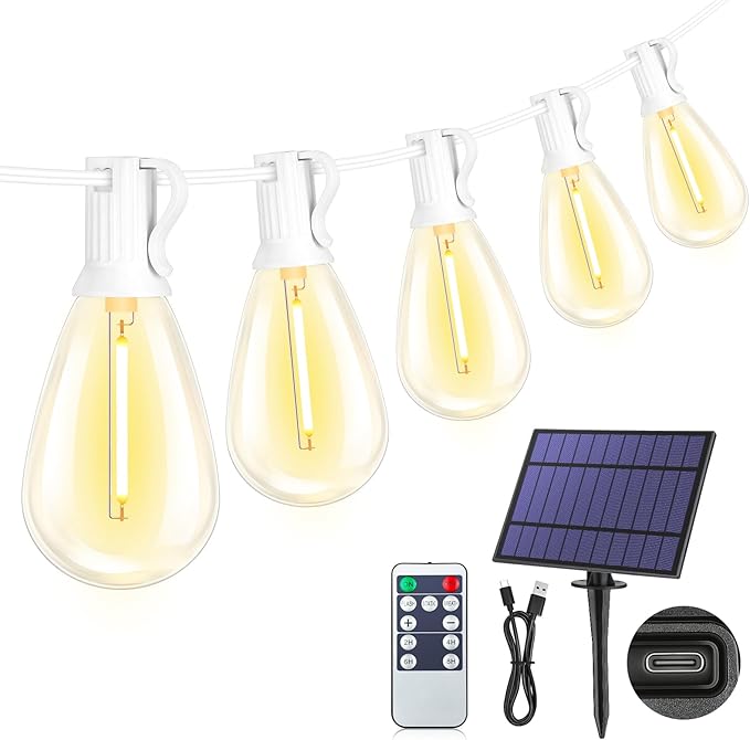 25FT Solar String Lights with Remote, 3 Lighting Mode Outdoor Waterproof Dimmable Patio Lights String with 10+1 Shatterproof S11 LED Bulbs for Backyard-White