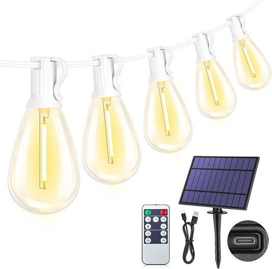 25FT Solar String Lights with Remote, 3 Lighting Mode Outdoor Waterproof Dimmable Patio Lights String with 10+1 Shatterproof S11 LED Bulbs for Backyard-White