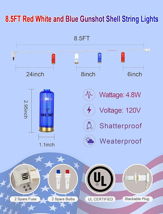 8.5Ft 4th of July String Lights, 10L LED Red White and Blue Shotgun Shell Lights Plug in for Home Classroom Porch Backyards Tree Patriotic Holiday Decorations, Indoor and Outdoor Use