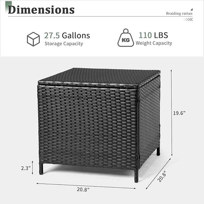 VINGLI 27 Gallon Outdoor Deck Box, Wicker Outdoor Storage Box with Lid, Small Storage Bin Container for Outside and Patio, Patio Rattan Side Table for Yard Porch (Black, Square)