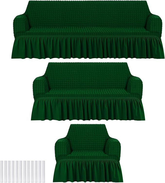 Fanfanwin 3 Pcs Sofa Slipcover Set for Couch Cushion Durable Washable High Elastic Stretchable Furniture Couch Covers with Skirt for Sofa Loveseat Arm Chair(Dark Green,Seersucker)