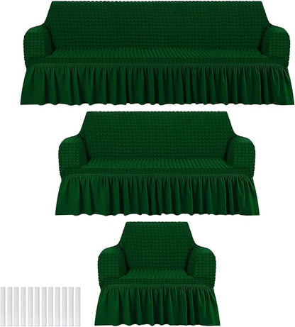 Fanfanwin 3 Pcs Sofa Slipcover Set for Couch Cushion Durable Washable High Elastic Stretchable Furniture Couch Covers with Skirt for Sofa Loveseat Arm Chair(Dark Green,Seersucker)