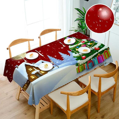 Swono Christmas House 52"X70" Oblong Table Cloth Winter Christmas Tree House Wrinkle Free Table Cover Farmhouse Tablecloth for Home Restaurant Picnic Indoor Outdoor Dining