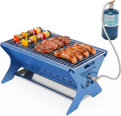 QuliMetal Portable Camping Grill, Foldable 3-in-1 Charcoal Wood Gas BBQ Grill with Carry Bag, Heavy-Duty Stainless Steel Fire Pit for Outdoor Cooking Backpacking Tailgating Patio Backyard