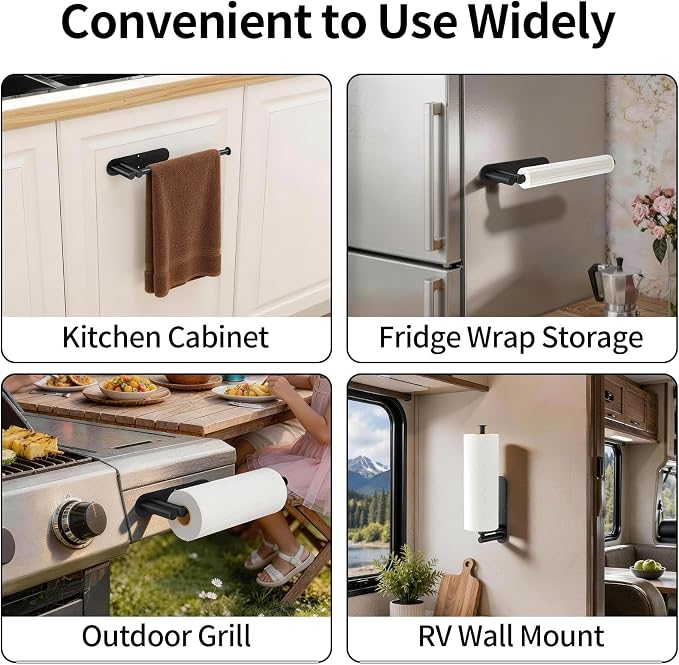 Paper Towel Holder Under Cabinet, Upgraded Dual-Rod Adhesive Paper Towel Holder with Longer Base, Stainless Steel Wall Mounted Holder for Kitchen Towels, No Drill, Black