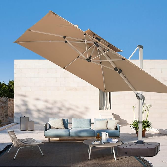 Cantilever Patio Umbrella with Cross Base and Cover Included - 360° Rotation Large Heavy Duty Offset Outdoor Umbrella with Easy Tilt for Pool Backyard Deck Garden (10x10 FT Khaki)
