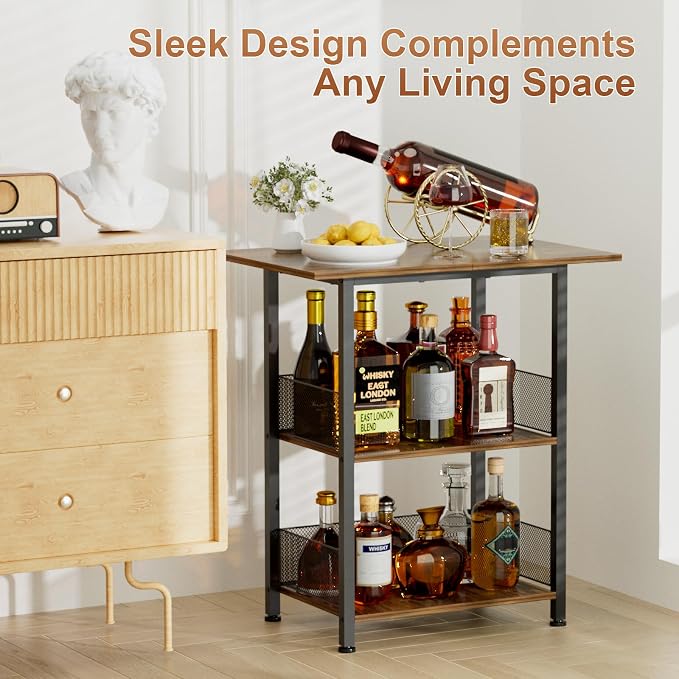 Bar Cart, Mobile 3-Tier Serving Cart with Lockable Wheels, Freestanding Wine Rack & Liquor Cabinet for Kitchen, Dining Room, Home Bar in Black