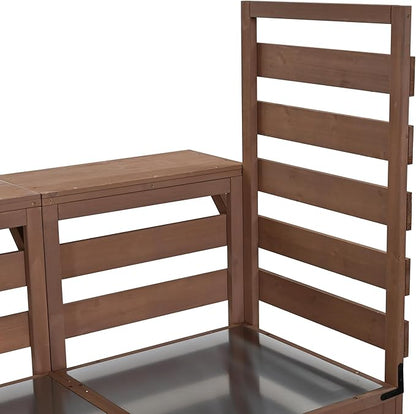 GDFStudio Elshire Patio Kitchen Island Cart with Storage, Wooden Outdoor Storage Cabinet with Stainless Steel BBQ Prep Table Top, Drawers, Raised Shelf and Lockable Wheels, Garden Potting Bench, Brown