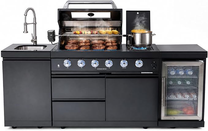 Outdoor Kitchen Island Grill with Refrigerator & Rotisserie, Heavy-Duty Stainless Steel Freestanding Grill Station, Weather-Resistant Cooking Cabinet for Backyard & Summer Parties for Propane Gas
