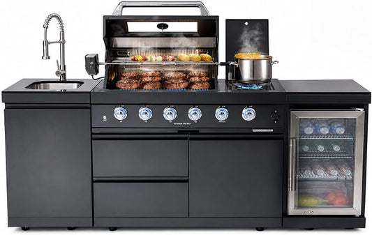 Outdoor Kitchen Island Grill with Refrigerator & Rotisserie, Heavy-Duty Stainless Steel Freestanding Grill Station, Weather-Resistant Cooking Cabinet for Backyard & Summer Parties for Propane Gas