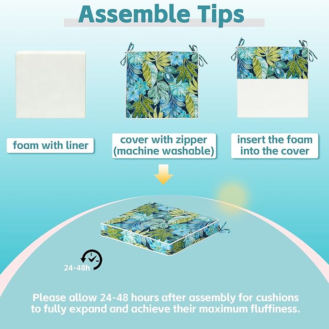 COZYVIDA Outdoor Chair Cushions Set of 4, 20"x20" Square Seat Pads with Tie Straps and YKK Zippers, 30D High-Density Foam, Water-Resistant Fabric,UV-Resistant 1000+ Hrs