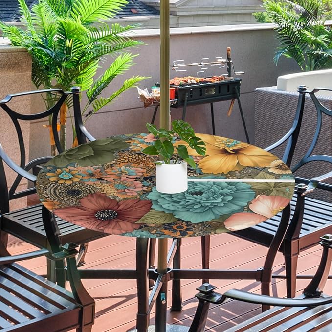 Boho Florals Outdoor Round Fitted Tablecloth with Umbrella Hole and Zipper, 45"-56" Elastic Patio Table Cloth Oil-Proof Waterproof Patio Table Cover for Picnic Party Camping