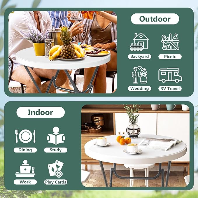 Tangkula 32" Round Folding Table, Portable Picnic Table with All-Weather HDPE Tabletop, Heavy-Duty Metal Frame, Heavy Duty Plastic Outdoor Table for Camping, Dining, BBQ, Party, No Assembly Needed
