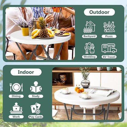 Tangkula 32" Round Folding Table, Portable Picnic Table with All-Weather HDPE Tabletop, Heavy-Duty Metal Frame, Heavy Duty Plastic Outdoor Table for Camping, Dining, BBQ, Party, No Assembly Needed