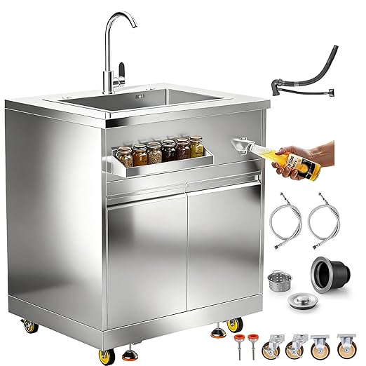 BODEGA Stainless Steel Commercial Restaurant Sinks Cabinet and Outdoor Kitchen Cabinet for Refrigerator Combo, Freestanding Utility Sink with Brake-Wheels & Spice-Rack, for Home, Kitchen, RV.