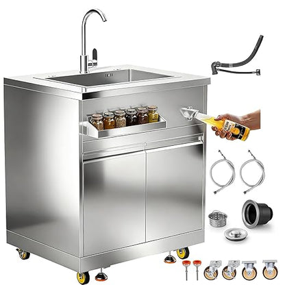 BODEGA Stainless Steel Single bowl kitchen sink Cabinet With hose hookup and Faucet, Outdoor Kitchen Sink with Storage, Brake Wheels & Spice Rack, All-Weather Sink, Use For RV, Yard,Garage,Restaurant.