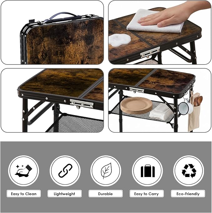 Folding Picnic Table 2ft Portable Camping Table, Dark Walnut | Adjustable Heights, Lightweight Aluminum Foldable Small Card Table with Carry Handle for Indoor Outdoor Camp RV BBQ Beach
