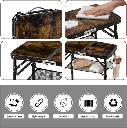 Folding Picnic Table 2ft Portable Camping Table, Dark Walnut | Adjustable Heights, Lightweight Aluminum Foldable Small Card Table with Carry Handle for Indoor Outdoor Camp RV BBQ Beach