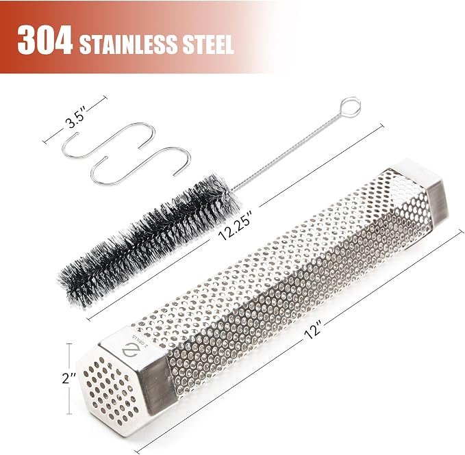 Z GRILLS Pellet Smoker Tube with 2 Hooks and Brush, 12" BBQ Billowing Smoke Mesh Stainless Steel for Cold/Hot Smoking