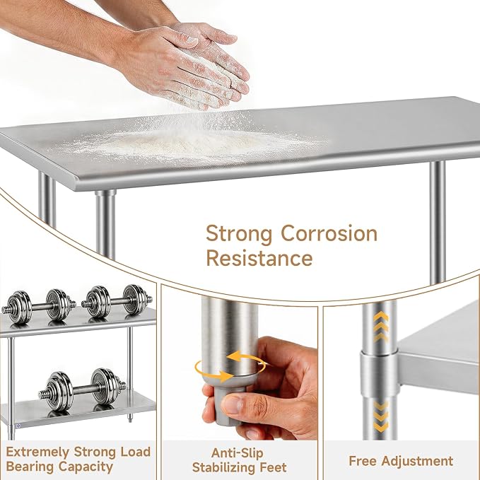ROCKPOINT All Stainless Steel Table for Perp & Work 24x60 Inch,Commercial Heavy Duty Workbench with Stainless Legs & Adjustable Undershelf, 850 lb Capacity for Restaurant,Home and Outdoor Kitchens