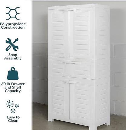 Sunnydaze 57" H Resin Garage Storage Cabinet - Garage Cabinet with 2 Adjustable Shelves - Freestanding Utility Storage for Laundry Room, Office, Basement - Speckled White