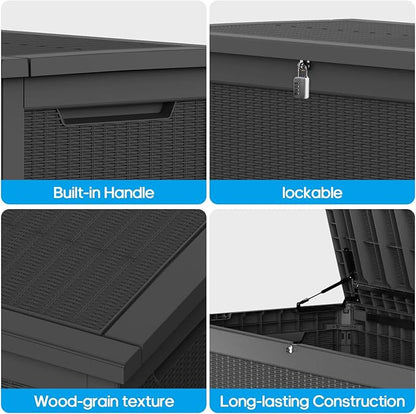 320 Gallon Lockable Resin Outdoor Storage Box, Waterproof & Weather Resistant Deck Box for Patio Cushion, Garden Tools & Pool Accessories, Black