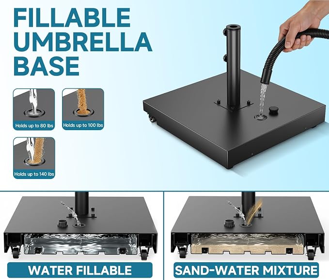 Metal Umbrella Base, 21 inch Heavy Duty Umbrella Stand with 4 Wheels | 140 lbs Max Capacity Fillable Base, 2 Locks & 2 Knobs, Rust-Resistant & Windproof Design for Outdoor, Patio, Poolside