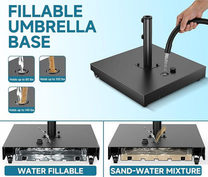 Metal Umbrella Base, 21 inch Heavy Duty Umbrella Stand with 4 Wheels | 140 lbs Max Capacity Fillable Base, 2 Locks & 2 Knobs, Rust-Resistant & Windproof Design for Outdoor, Patio, Poolside