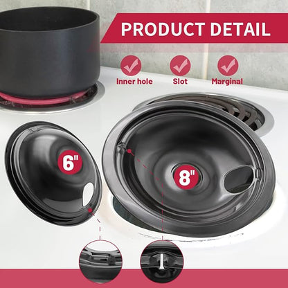 WB31M19 and WB31M20 GE Drip Pans for Electric Stove, 10% Energy Save by Enamel Spraying Prevent Bending and Rust -Includes a Set of 4 Black Stove Drip Pans(2 * 6+2 * 8)