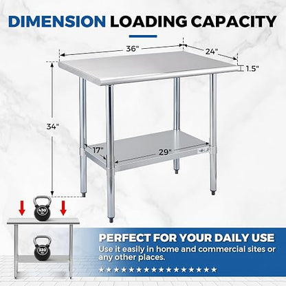 Profeeshaw Stainless Steel Prep Table 24''x36'' NSF Commercial Workbench | Metal Work Table, with Undershelf leveling feet; Heavy Duty Table for Kitchen, Restaurant, Home, Gargae, Hotel, 18-gauge 430