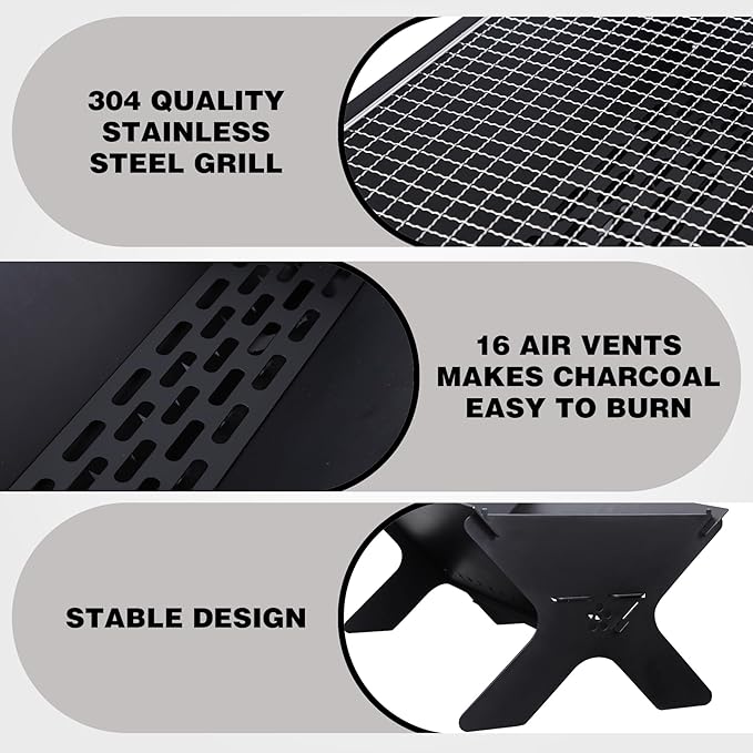 REDCAMP Portable Campfire Grill, Large Folding Stainless Steel Fire Pit with Grill & Carry Bag, Heavy Duty Charcoal BBQ Grill for Outdoor Cooking, Camping, Bonfire, Patio & Backyard