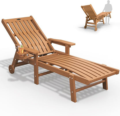 THOEOE Patio Chaise Lounge Chair, Lounge Chair Outdoor with 5 Positions, HDPE, Patio Lounge Chair with Wheels & Cup Holder for Pool, Deck, Poolside,Wood