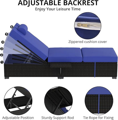 PeakPursuit Patio Lounge Chairs,Outdoor PE Wicker Chaise Lounge Set of 2,Chaise Lounge Chair Outdoor，Pool Furniture,Brown Rattan Recliners with Adjustable Backrest,Storage Table,Royal Blue