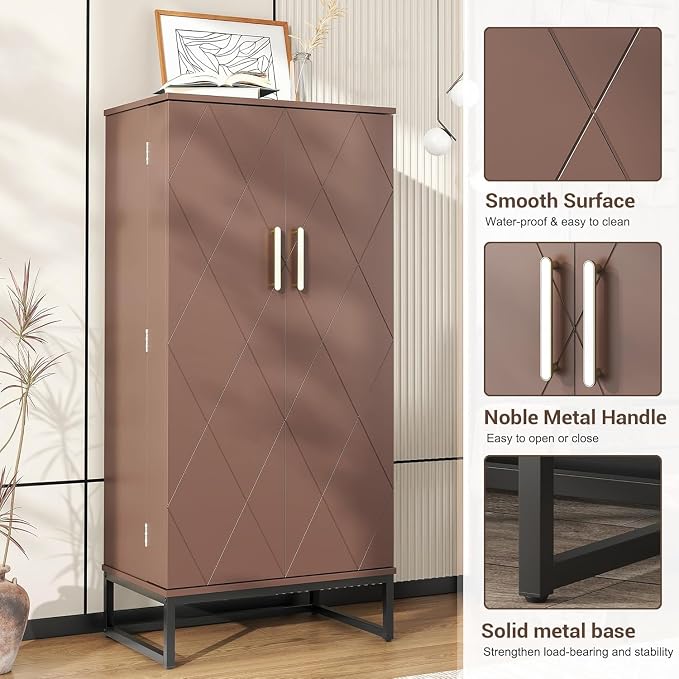 kepptory 51" Pantry Cabinet with Diamond-Patterned Doors and Golden Handles, Freestanding Kitchen Storage Cabinet with 17 Shelves, Tall Metal Base, Adjustable Feet, Grey (Brown, 16"D x 24"W x 51"H)