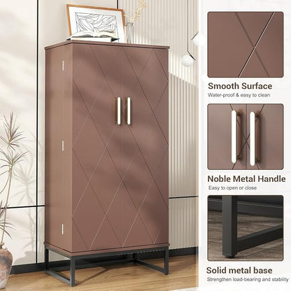 kepptory 51" Pantry Cabinet with Diamond-Patterned Doors and Golden Handles, Freestanding Kitchen Storage Cabinet with 17 Shelves, Tall Metal Base, Adjustable Feet, Grey (Brown, 16"D x 24"W x 51"H)