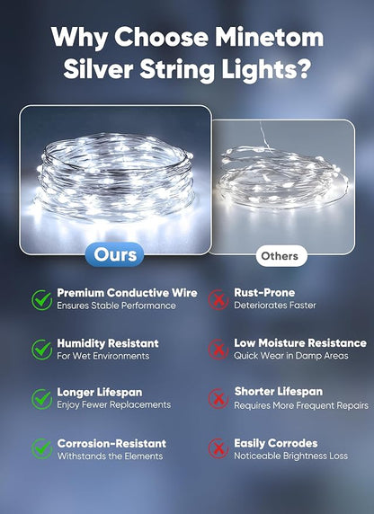 Minetom 33FT 100LED Fairy Lights Battery Operated, Pure White String Lights | Safe to Touch, Waterproof Starry Lights for Bedroom Dorm Patio Mason Jar Plant Wedding Party Indoor Christmas Decoration