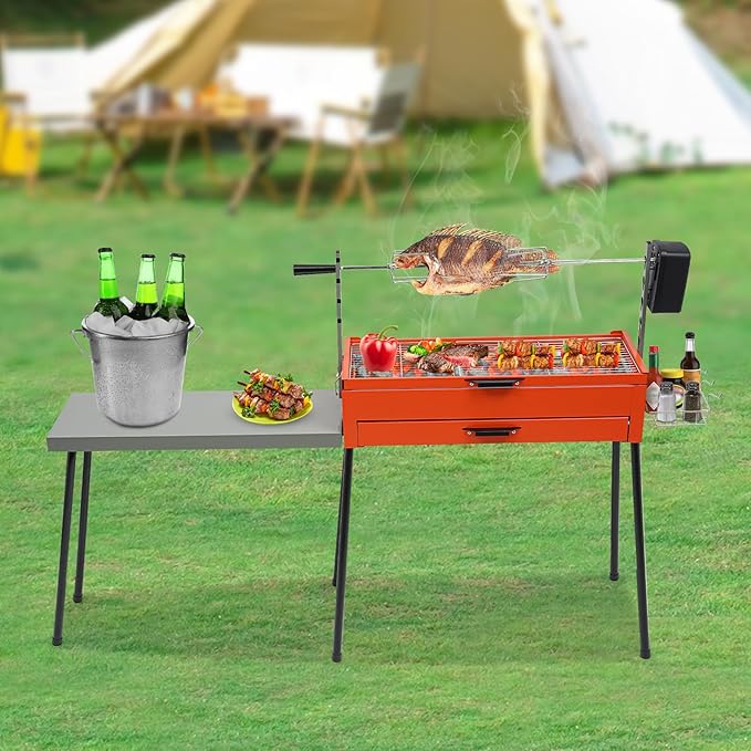 Portable Charcoal Grill, Portable Barbecue Grill, Camping Barbecue Grill with Detachable Side Table, Height Adjustable Chicken Grill for Camping, BBQ